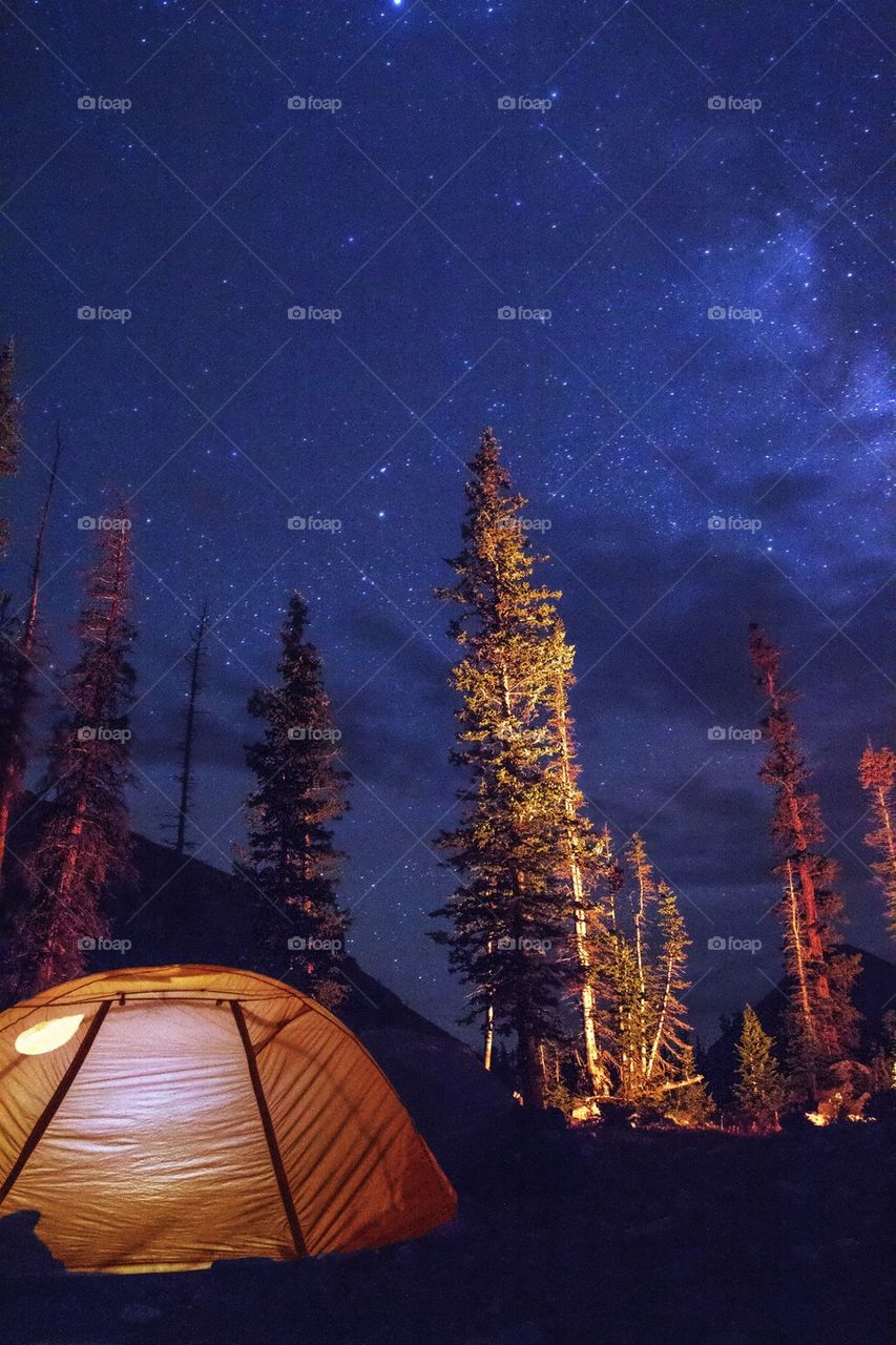 Illuminated tent at night