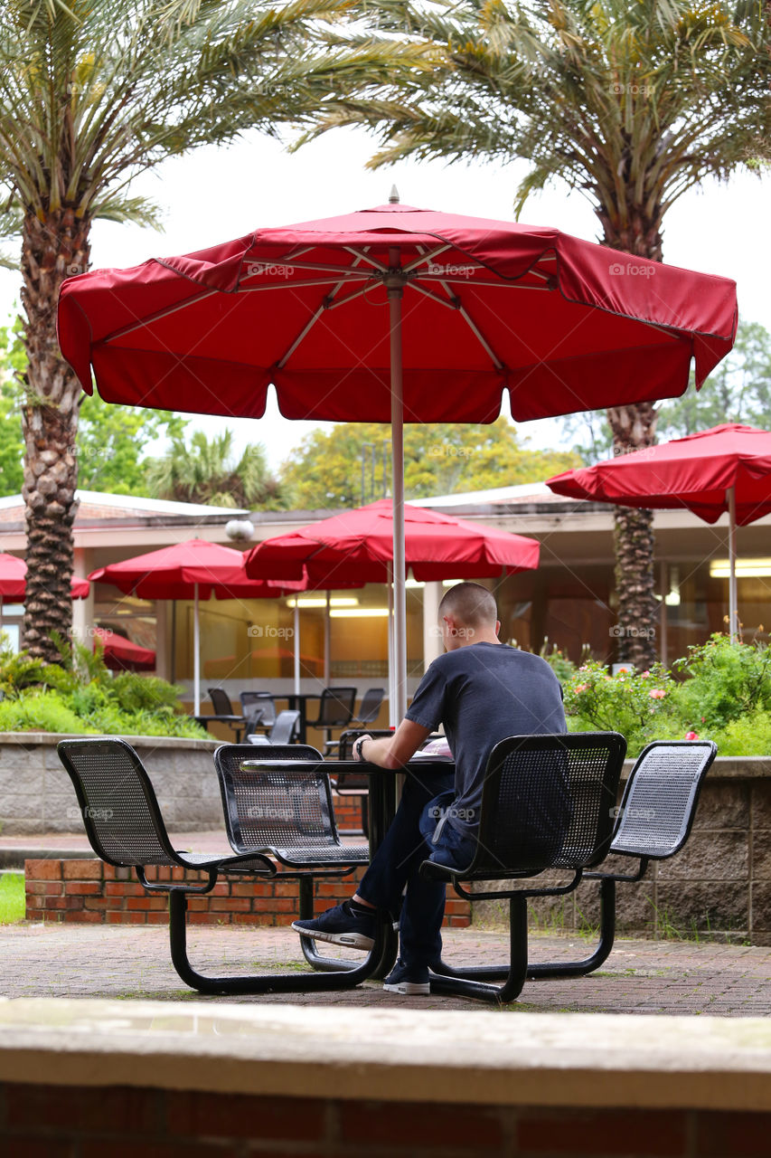 Guy reading a book at lunch break in Florida