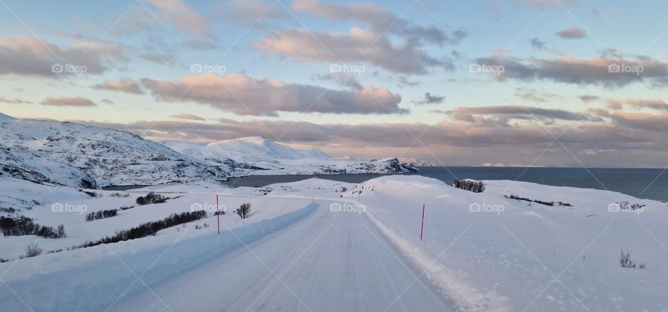 Beautiful winter road in Northern Norway by the Arctic Ocean