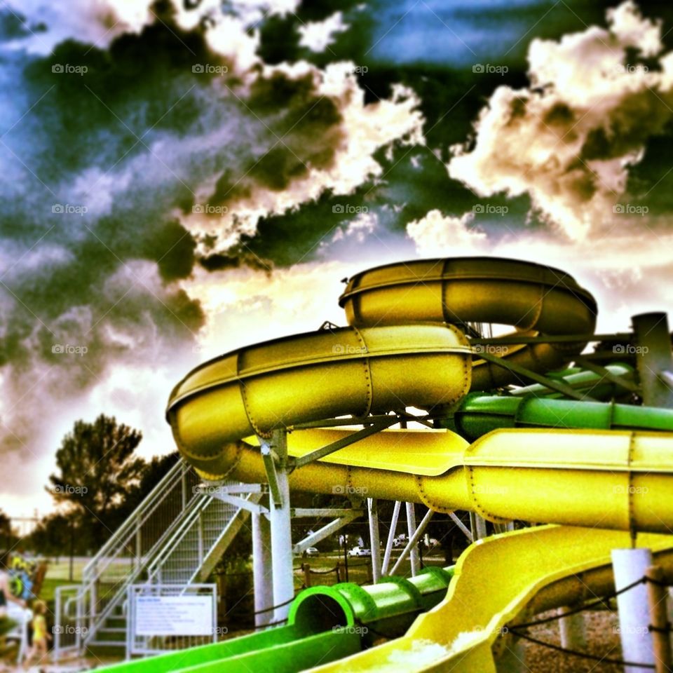 Water slide at the waterpark on a gloomy, rainy day.