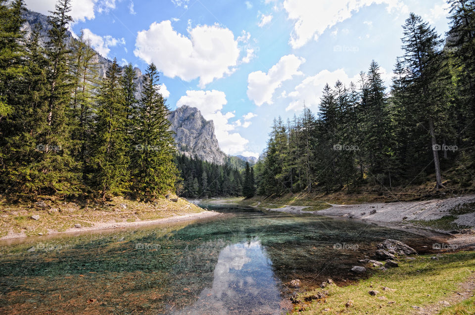 Hiking around the green lake at styria, austria