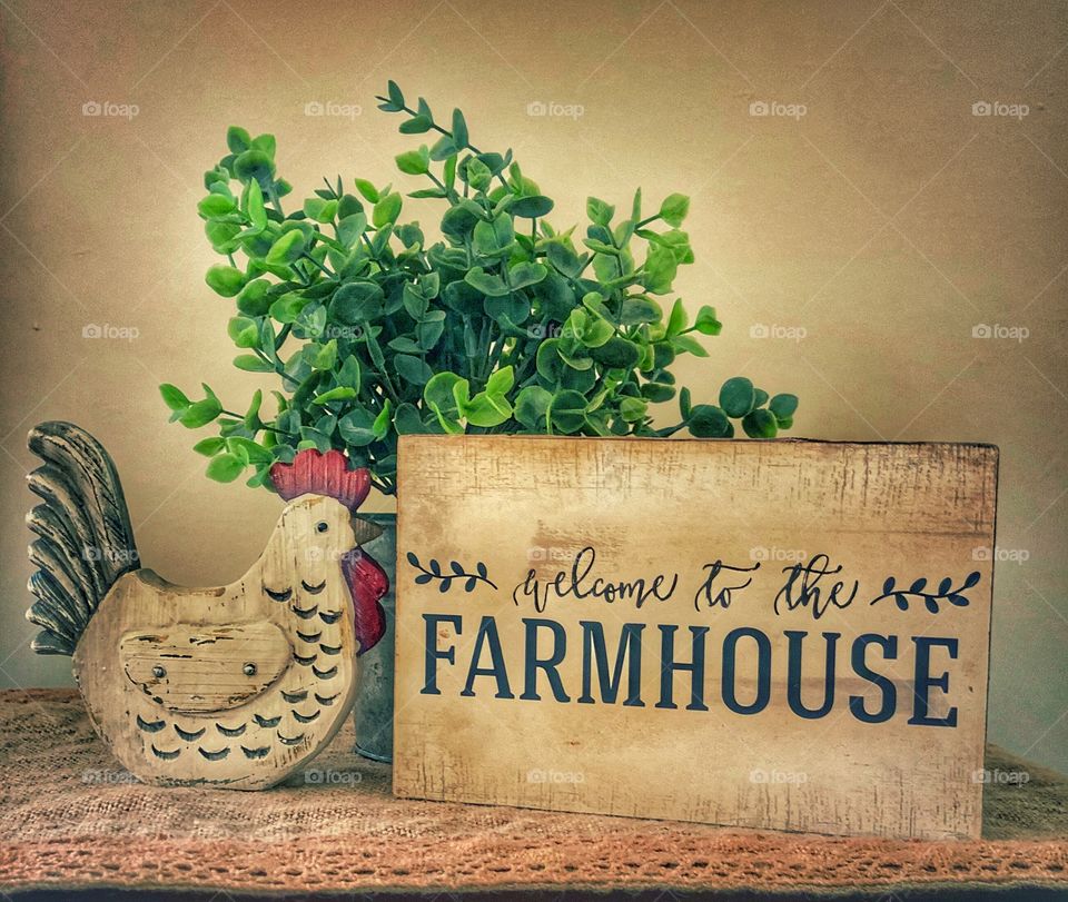 Farmhouse grouping home decor sign plant chicken 