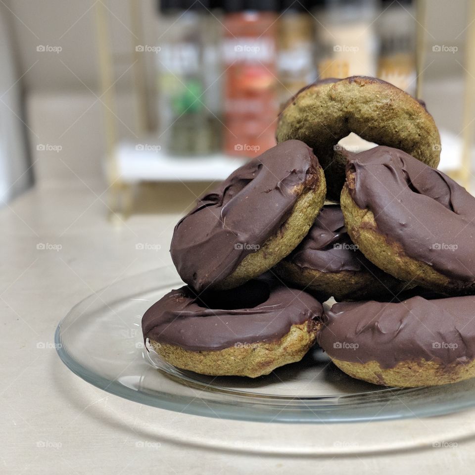 chocolate dipped matcha donuts