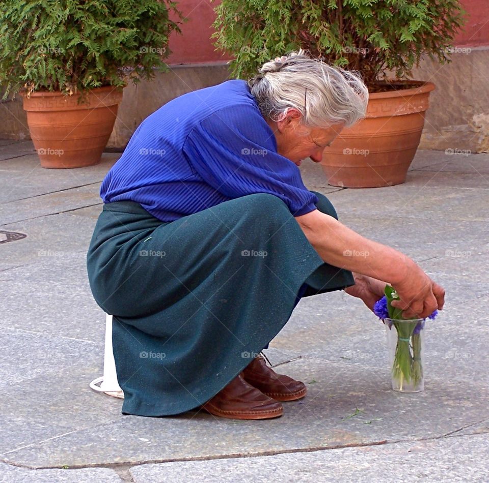 Elderly woman putting flowers in vase in Krakow, Poland