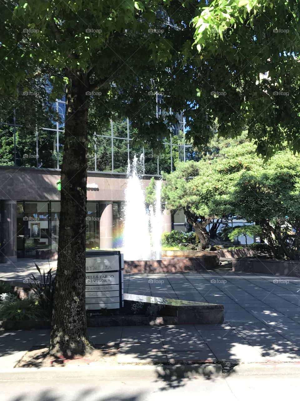 A fountain in Bellevue with the rainbow