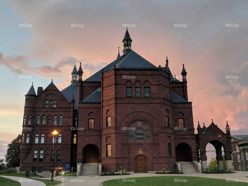 Romanesque Brick Building, Crouse College at Syracuse University in NY, at Sunset (Pink Cotton Candy Skies)