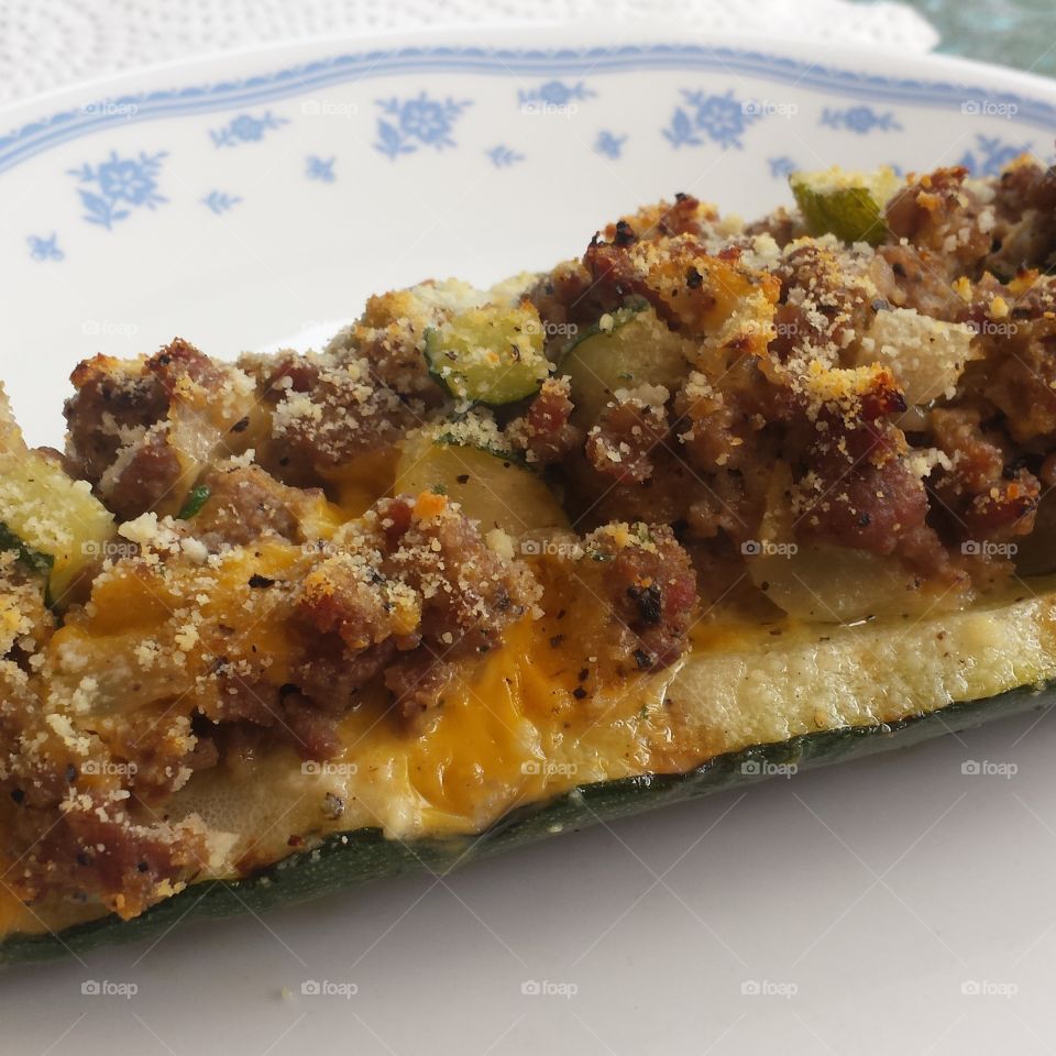 Grilled Sausage & Cheese Zucchini Boat