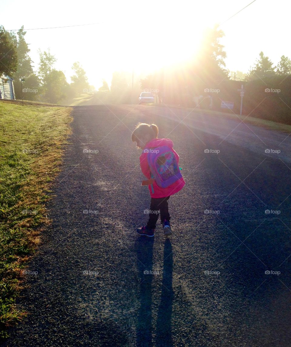 Little girl. First day of school, and my daughter is nervous to go on the school bus
