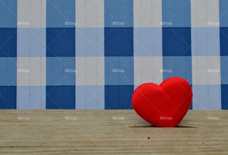 Red heart blue plaid background wood grain minimalist 