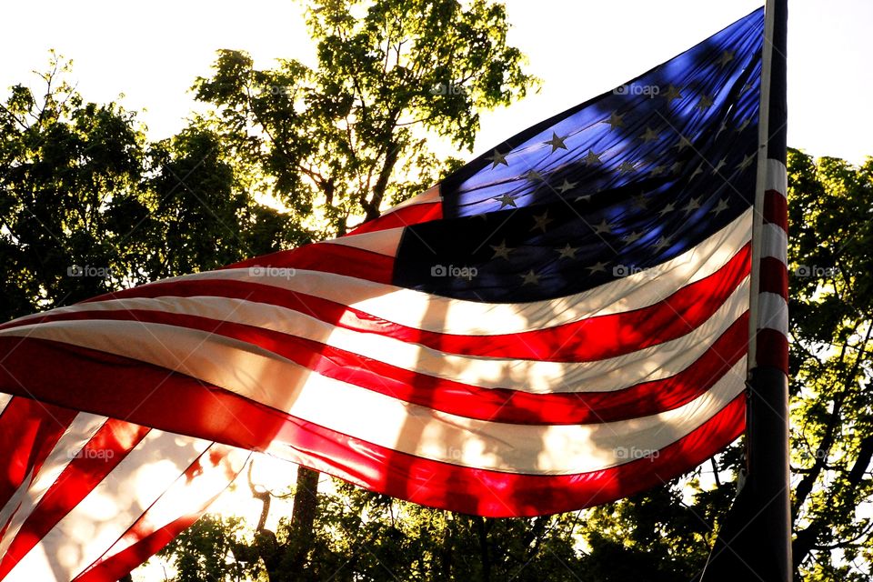 the hand of a small boy reaching up for the flag of the United States of America