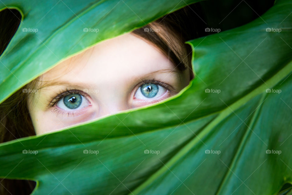 Beautiful green-blue eyes framed by green leaves