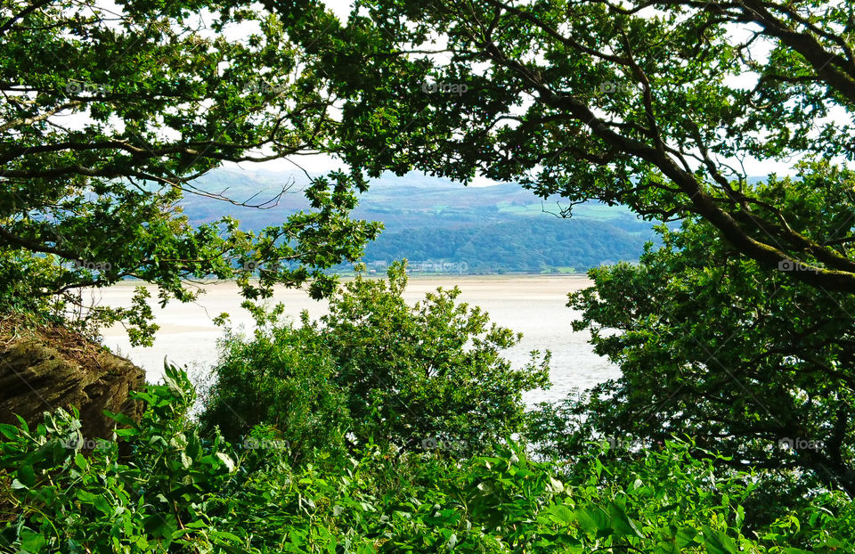 looking through the natural photo frame into the distand landscape and beach and sea