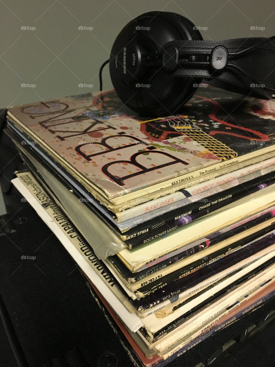 Vinyl, record albums and headphones