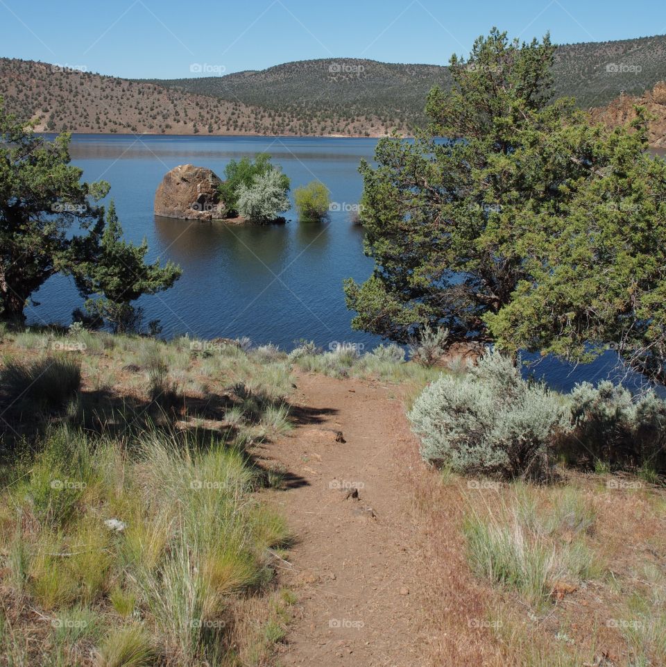 A dirt trail through juniper trees and brush leads to the bright blue waters of Prineville Reservoir with a huge boulder forming an island on a beautiful summer day.