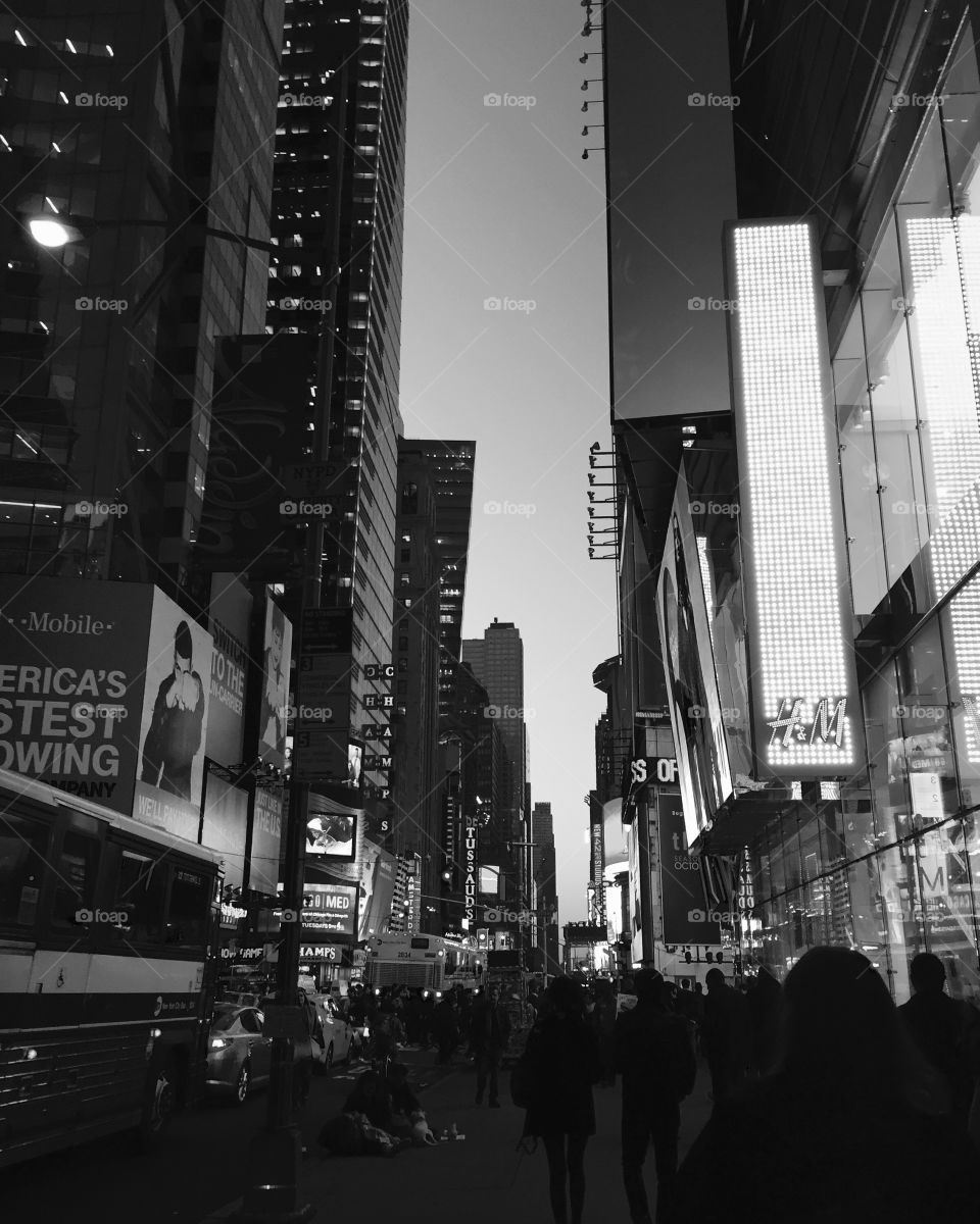 Black and white shot of Times Square, New York City. 