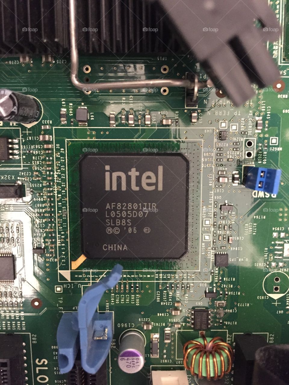 Intel chip on a motherboard.