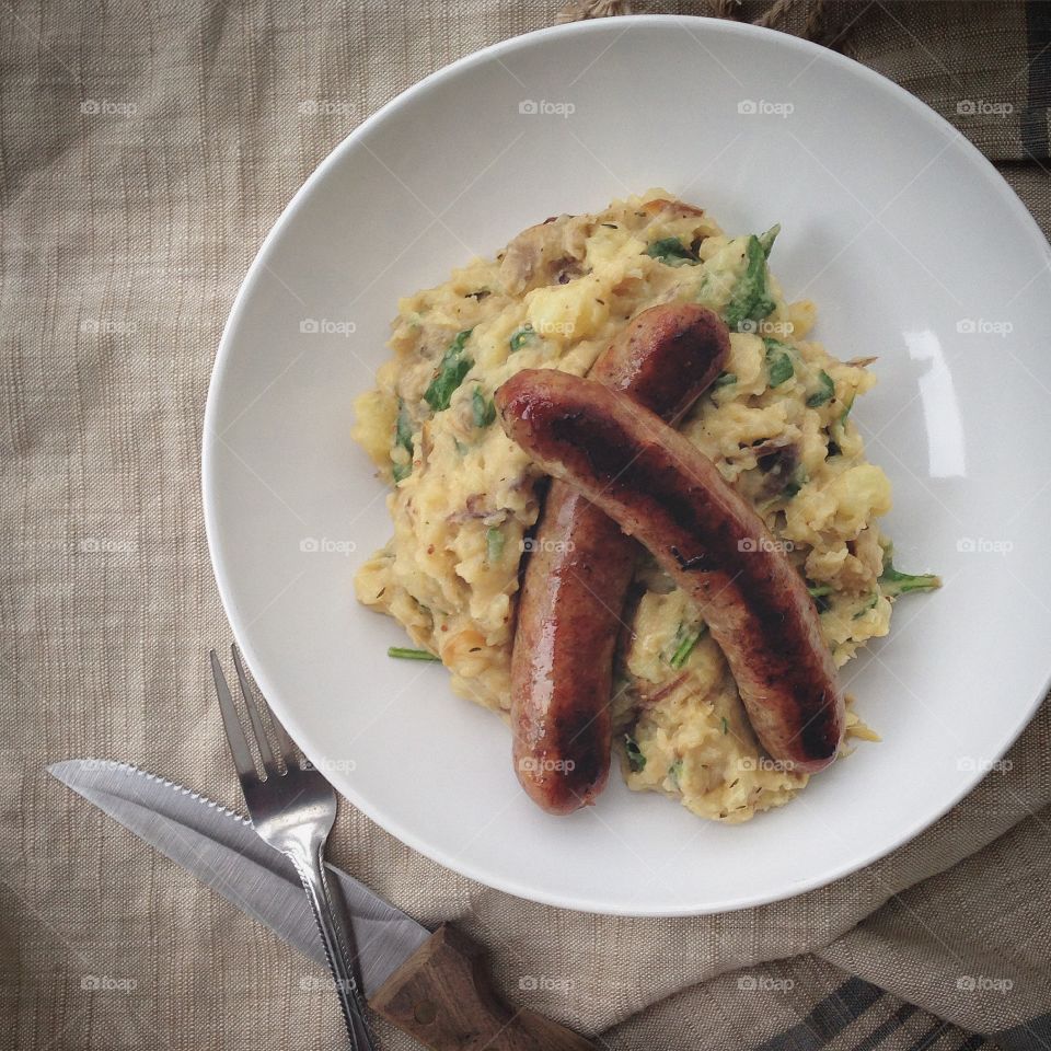 Bangers and Mash. Simple comfort food dinner of bangers and mash 