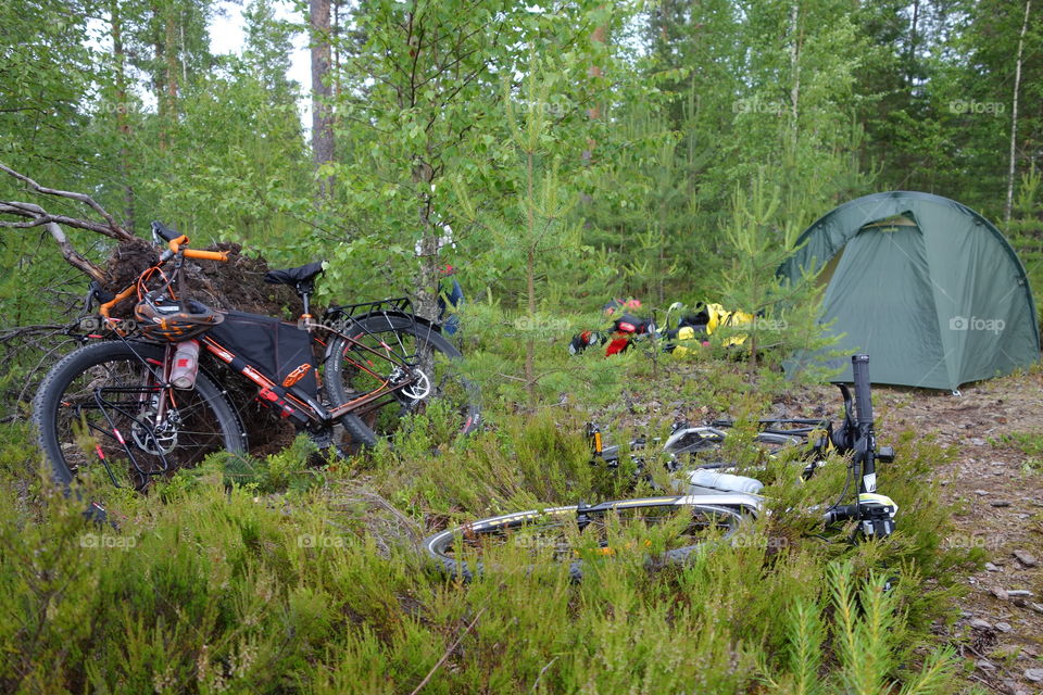 Taipalsaari, Finland – July 1, 2015:  Bike packing bikes, saddle bags, tent and other camping gear in the forest in Eastern Finland