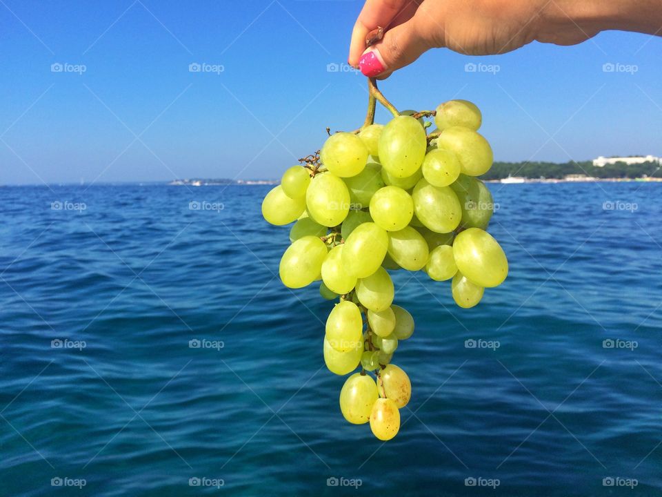 Green grapes and seaside background 