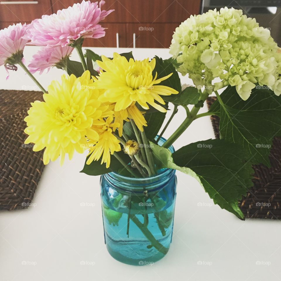 Spring florals. Mason jar of flowers