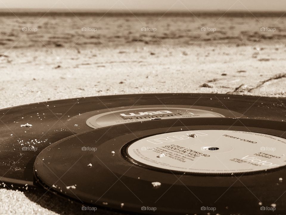 Washed ashore vinyl vintage music records seaweed, buried
