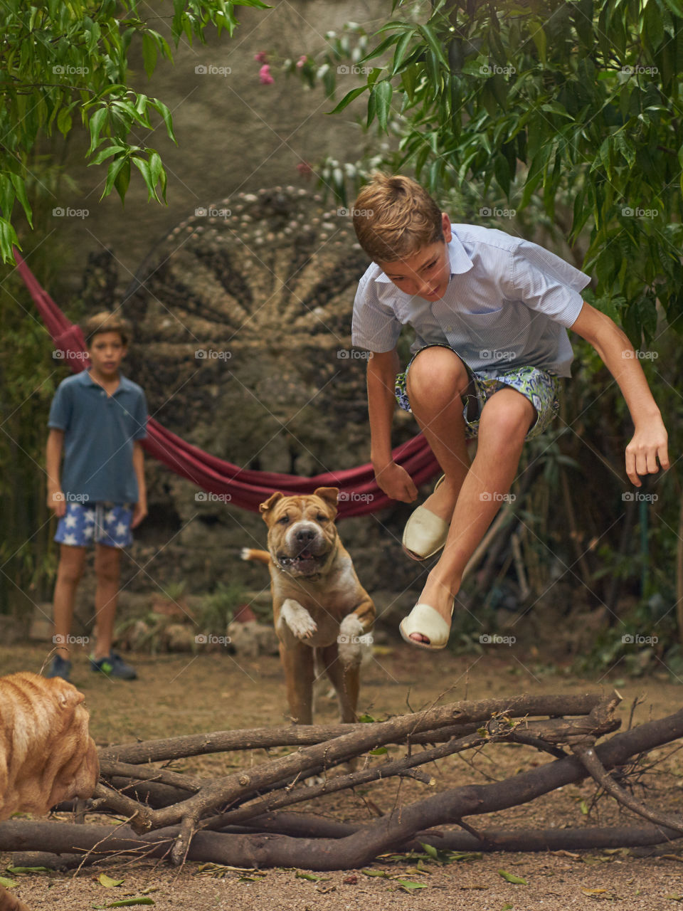 A boy and dog jumping over fallen tree branches at path