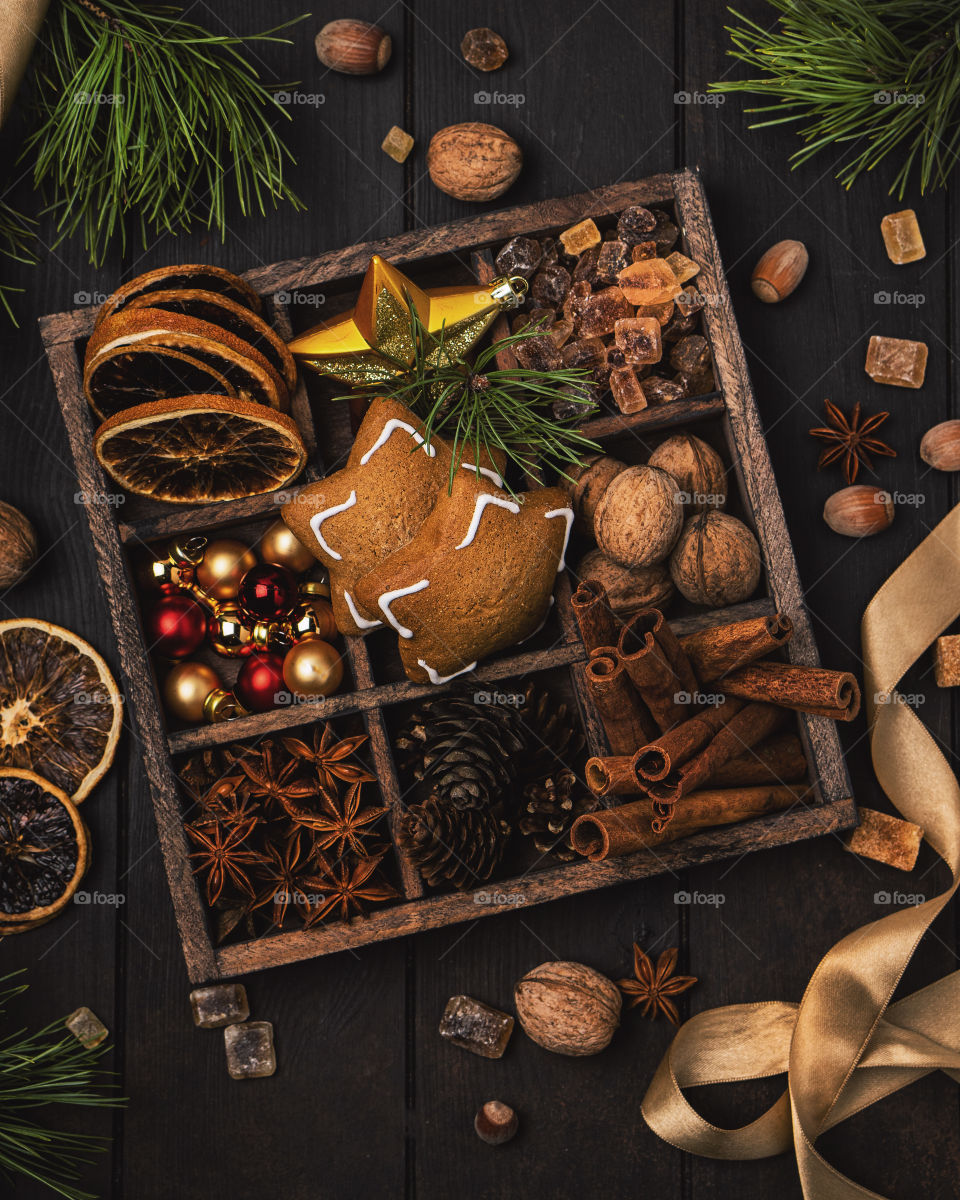 Box with Christmas cookies and decorations