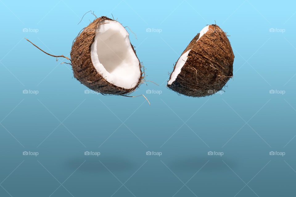 Coconut split on half falling on blue background