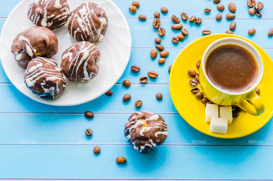 High angle view of sweets and coffee