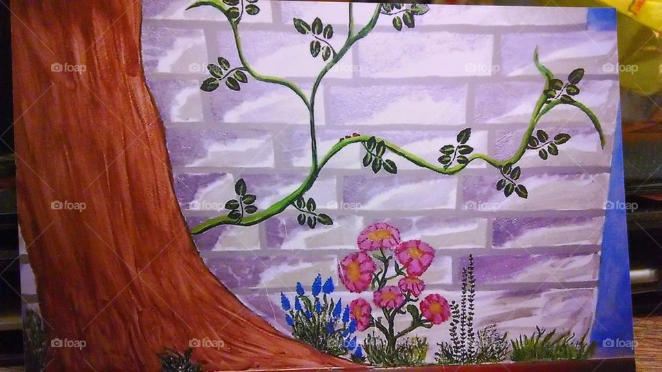 mural, painting, flowers, vines, ladybugs, tree stump