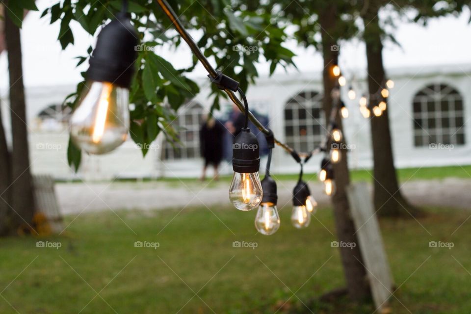 A string of vintage and retro edison lightbulbs lines the path to a wedding tent in the distance at the wedding party reception in the tree lined park