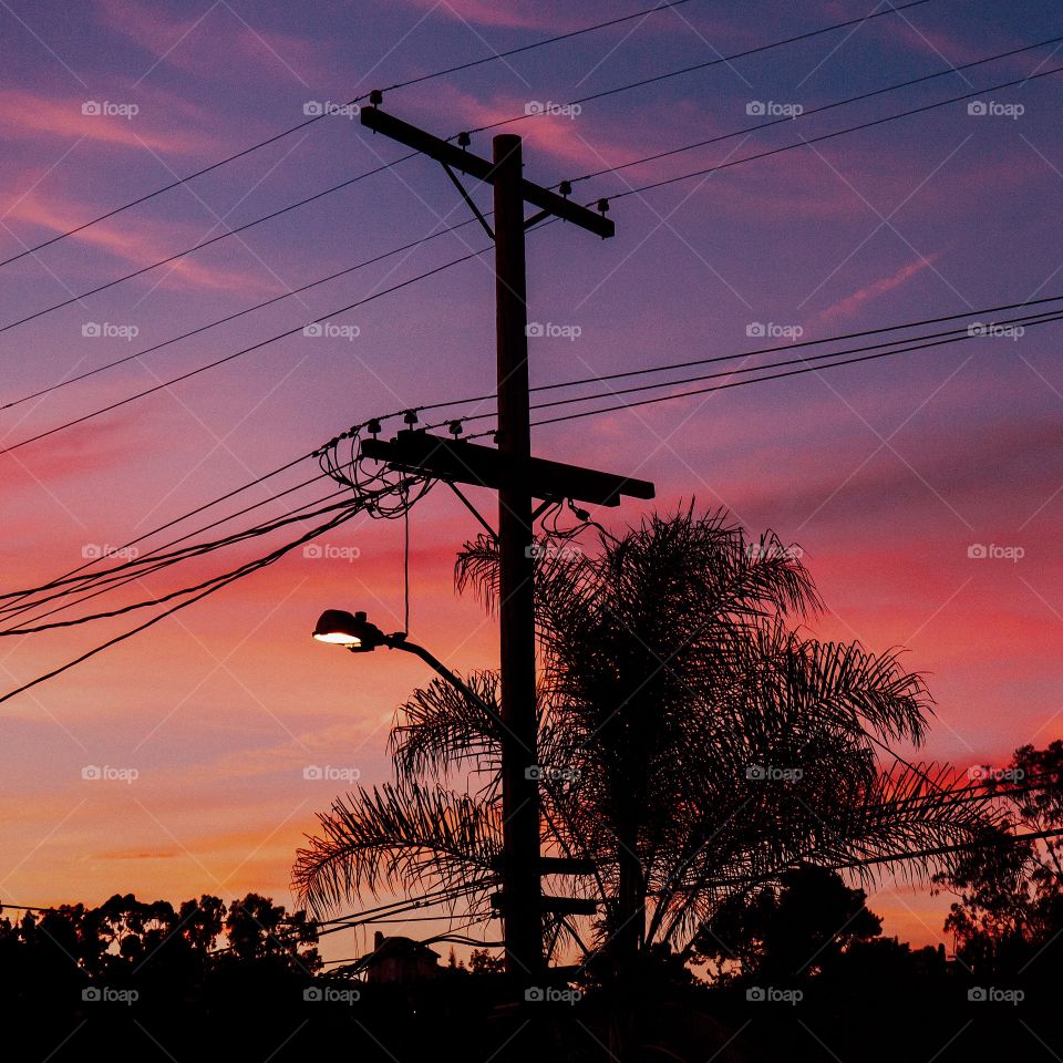 A colorful Los Angeles urban street light sunset in California, USA