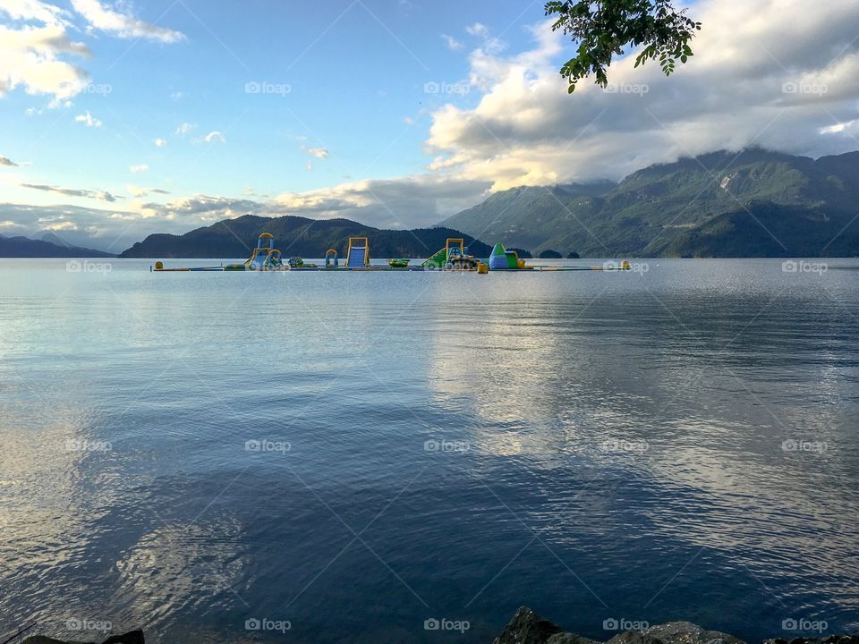 Floating waterpark at Harrison Hotsprings, British Columbia, Canada, Harrison lake mountains 