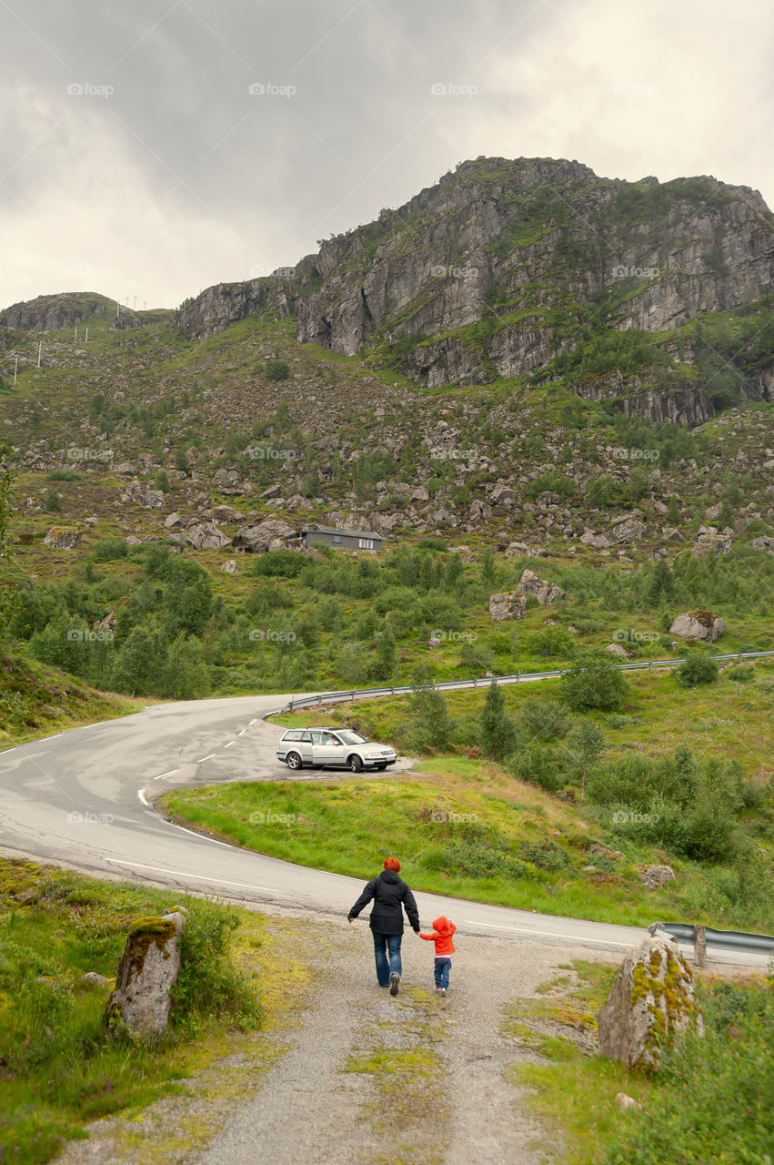 Family road trip in remote mountain region.