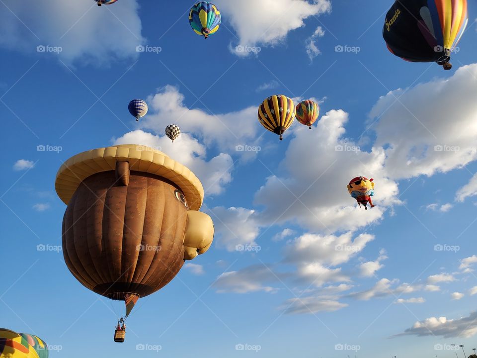 Hot Air Balloons against Blue Sky & Clouds, Smokey The Bear, The Great Reno Balloon Race 2019 [Reno, NV USA]