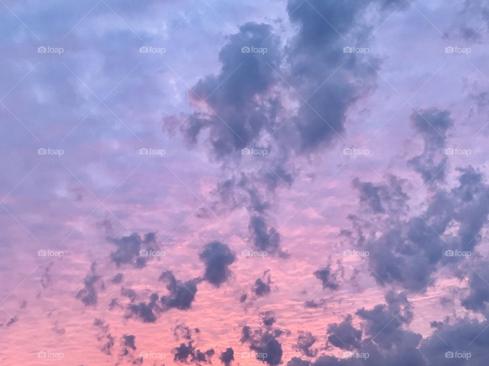 Small, puffy clouds in a beautiful lavender and pink sky at sunrise 