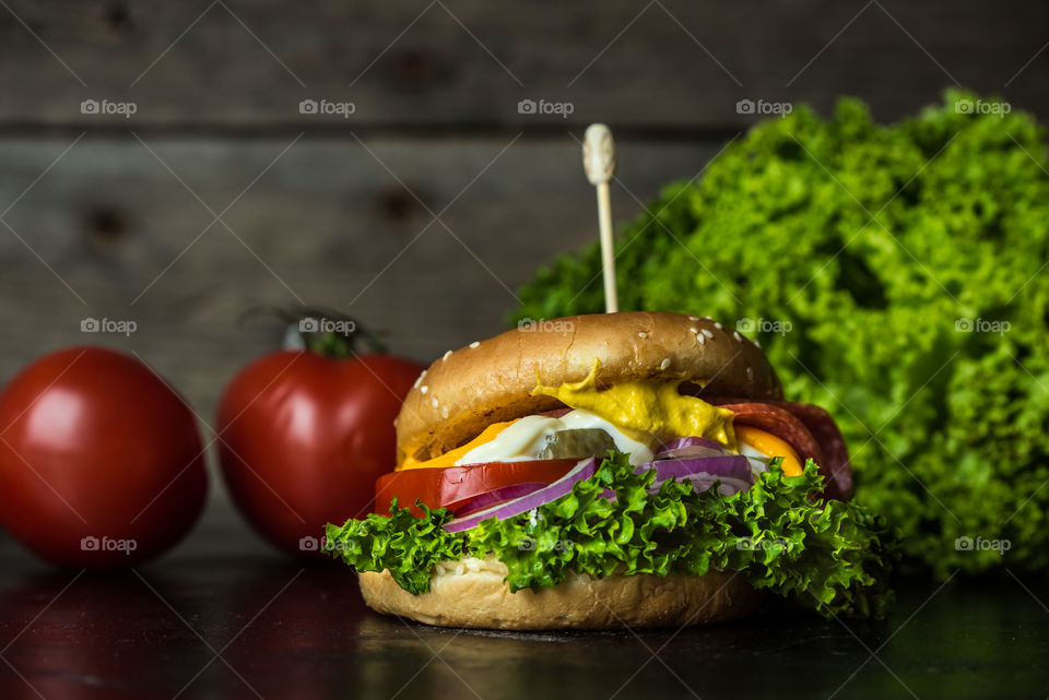 homemade burger sandwich with salami