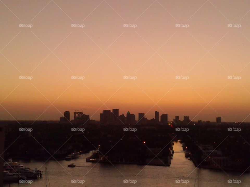 Dawn, Sunset, Water, City, River