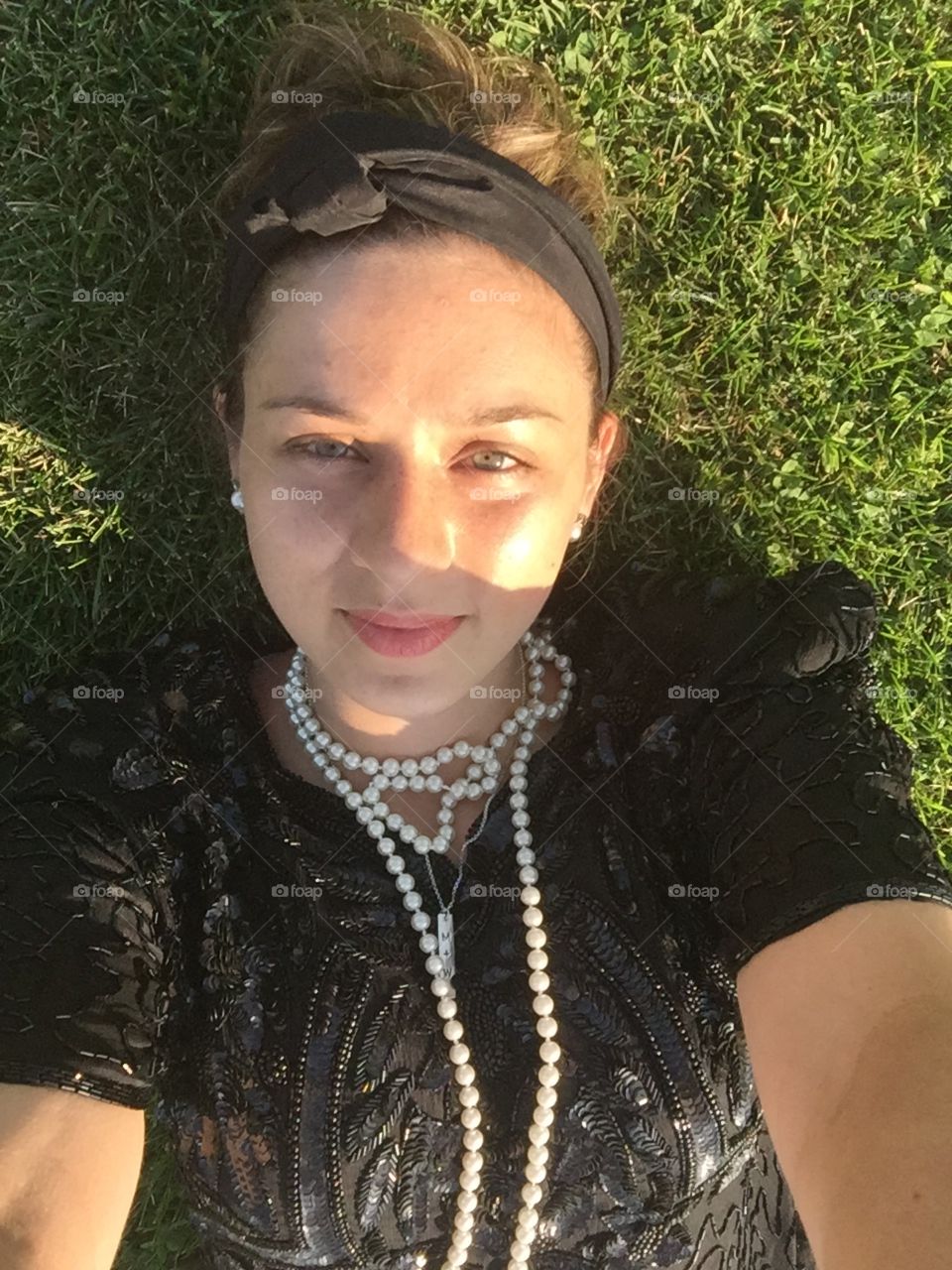 Selfie on the grass with pearls