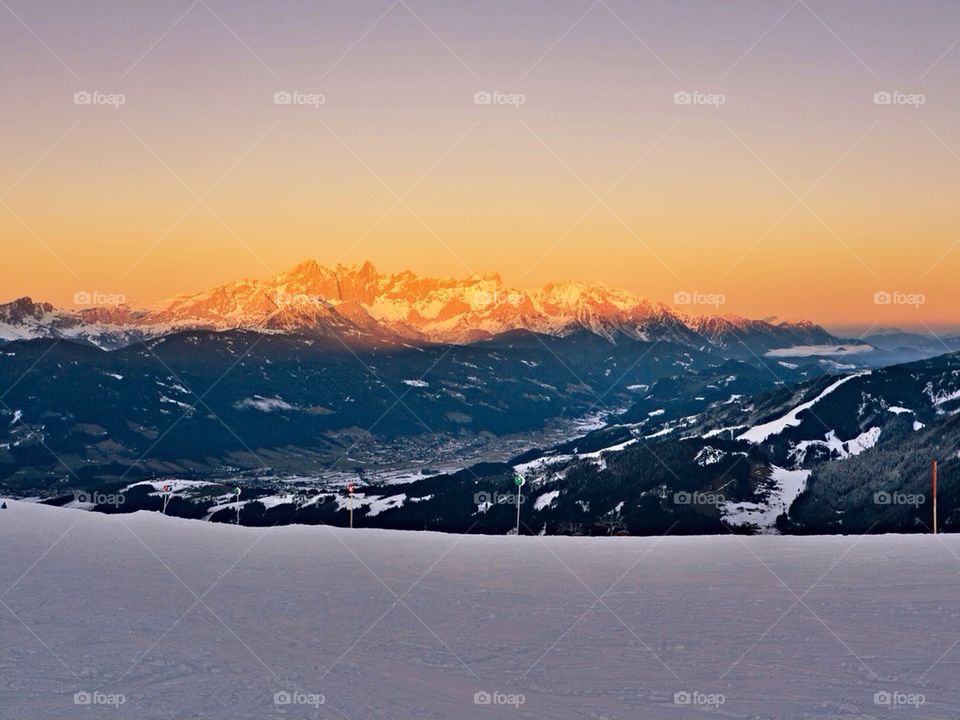 View of snowy mountains in sunset
