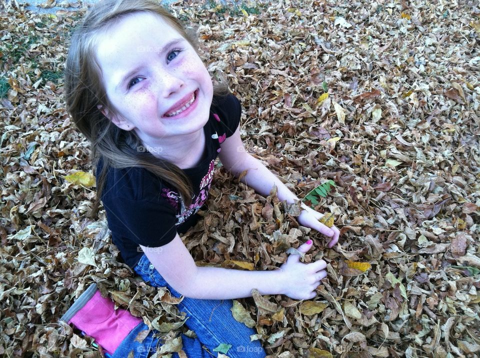 Little Girl Playing In Pile Of Leafs In The Fall 