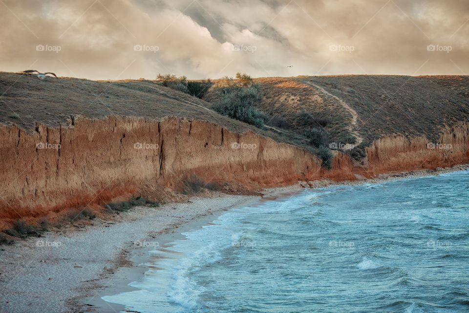 Seascape on sunset. Crimea, Black Sea, West coastline