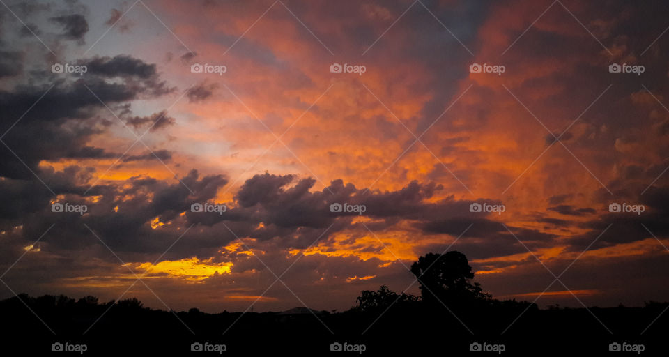 A beautifully vivid sunset silhouetted by a Minnesotan prairie.