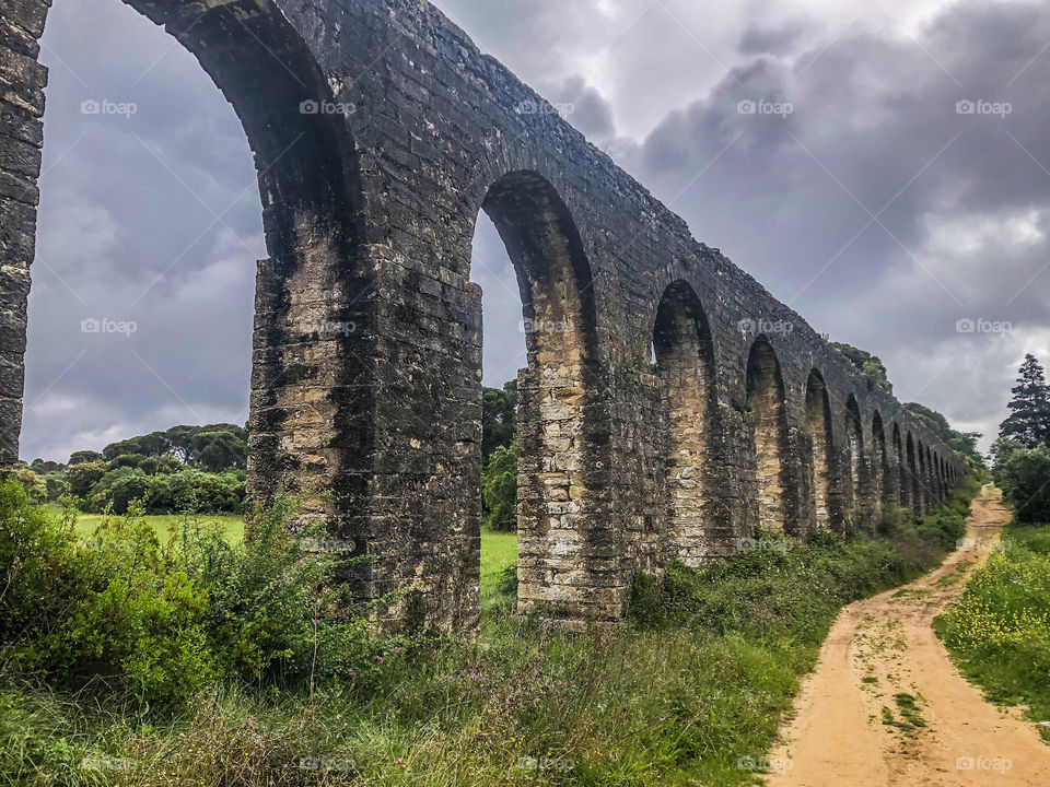 Arches forming part of the 6 kilometre aqueduct of the Convento de Cristo built 1593-1614, Tomar, Portugal 2021