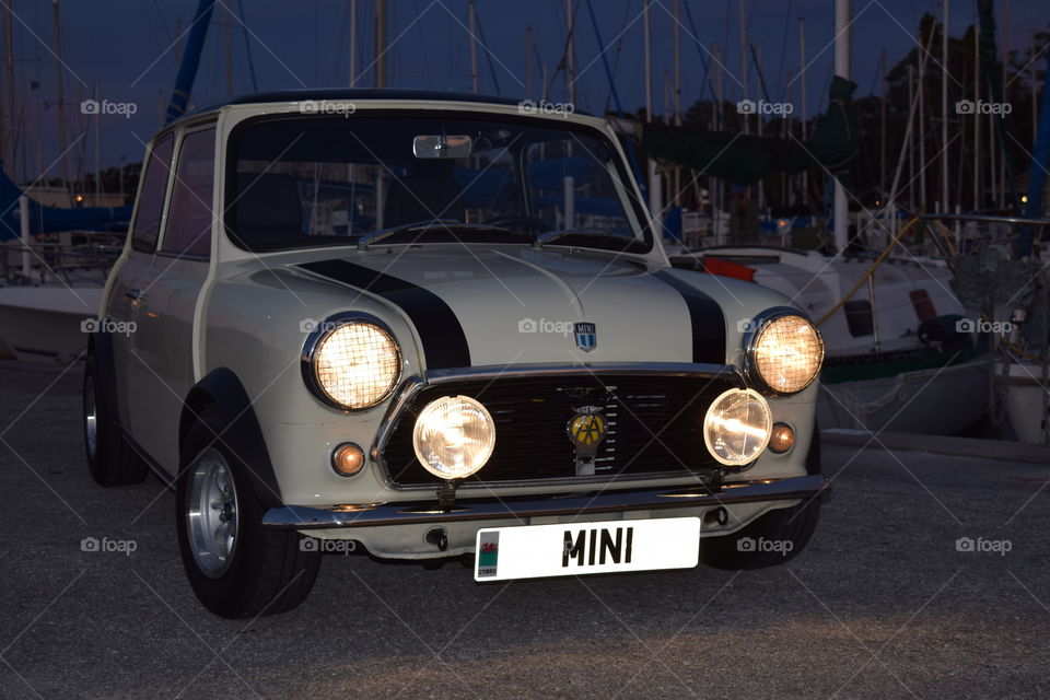 Morris Mini Cooper around sunset at the marina