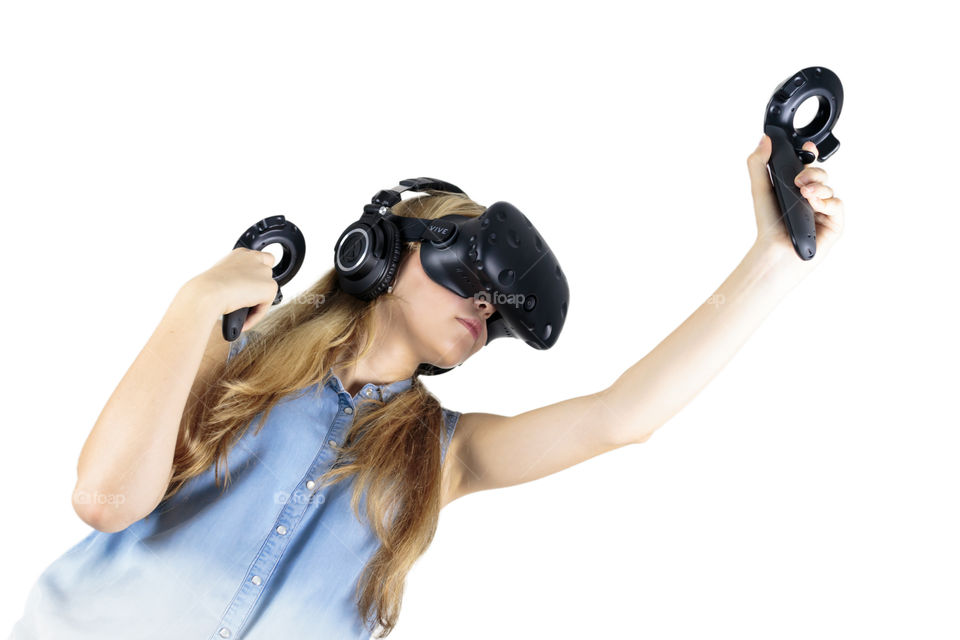 Girl in 3D virtual reality glasses - Virtual Reality Headset - HTC Vive