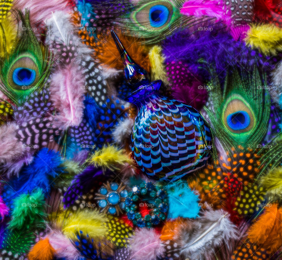 An iridescent perfume bottle lies on a bed on very colourful feathers