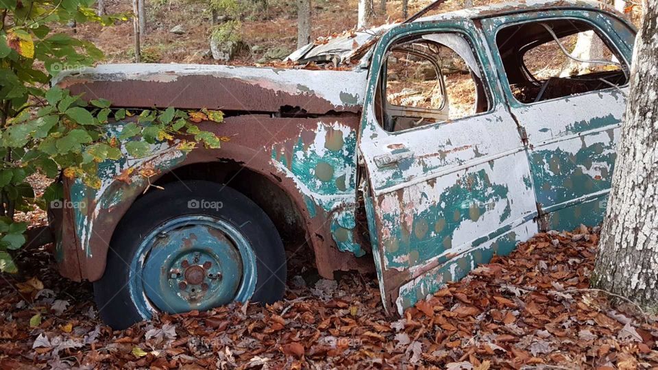 Old rusty car abandoned in a wood