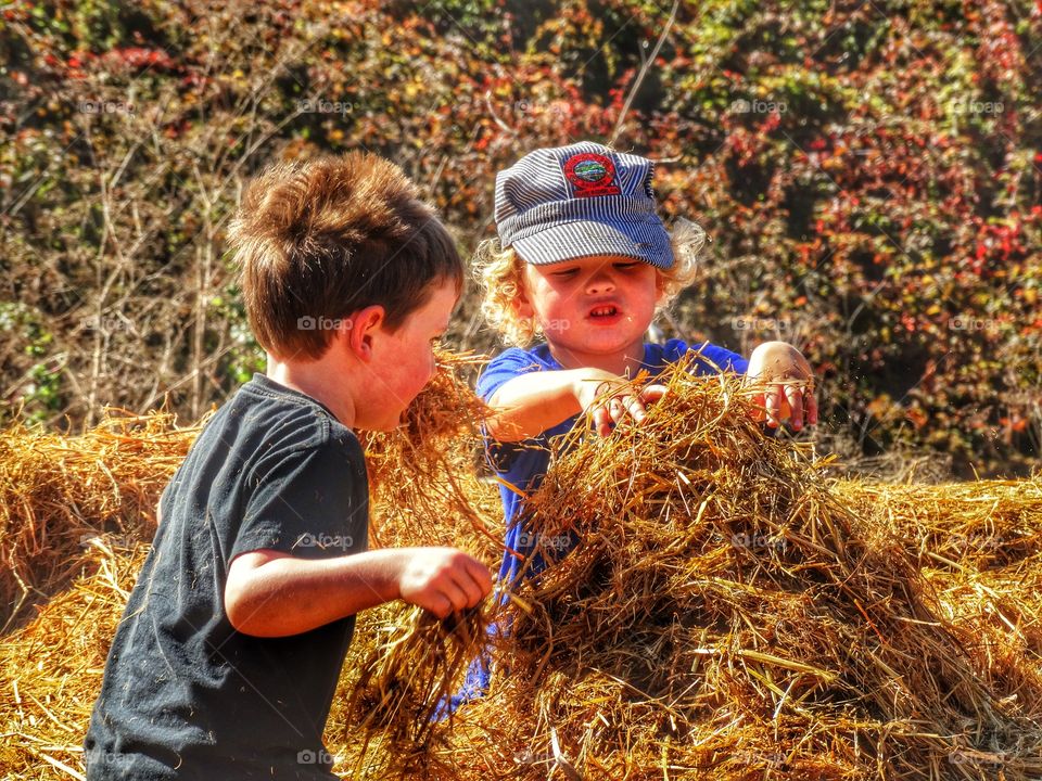 Boys Playing In A Haystack. Farm Boys Playing Outside During The Golden Hour
