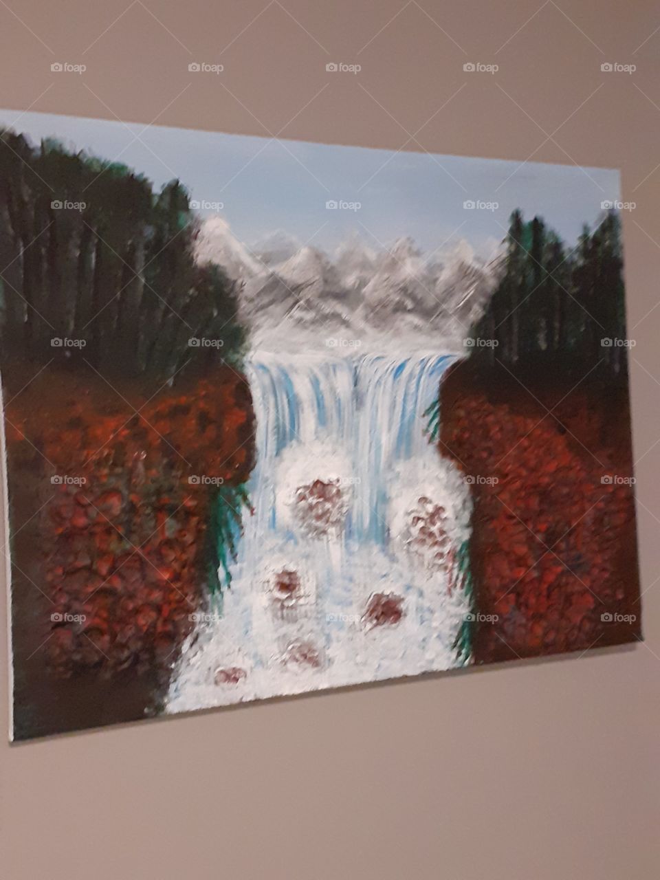 mountains waterfall rocks Clay acrylpaint on canvas